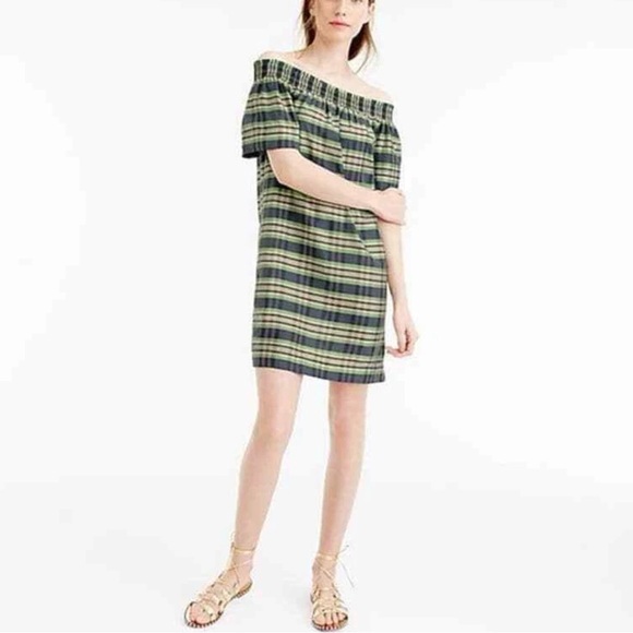 J.CREW Dresses & Skirts - J.Crew Dress Women's Size 2 Green Plaid Off Shoulder Yarn Dyed Silk Shift